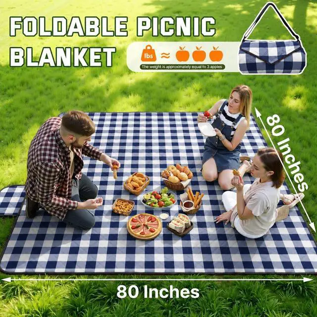 Alt view image 4 of 7 - Extra Large Picnic Blanket Waterproof Foldable 80''x80'', Outdoor Picnic Mat Beach Blanket Sandproof for Park, Grass, Travel, Hiking, Camping Essentials, Gingham Picnic Blanket
