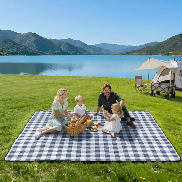 Alt view image 2 of 7 - Extra Large Picnic Blanket Waterproof Foldable 80''x80'', Outdoor Picnic Mat Beach Blanket Sandproof for Park, Grass, Travel, Hiking, Camping Essentials, Gingham Picnic Blanket