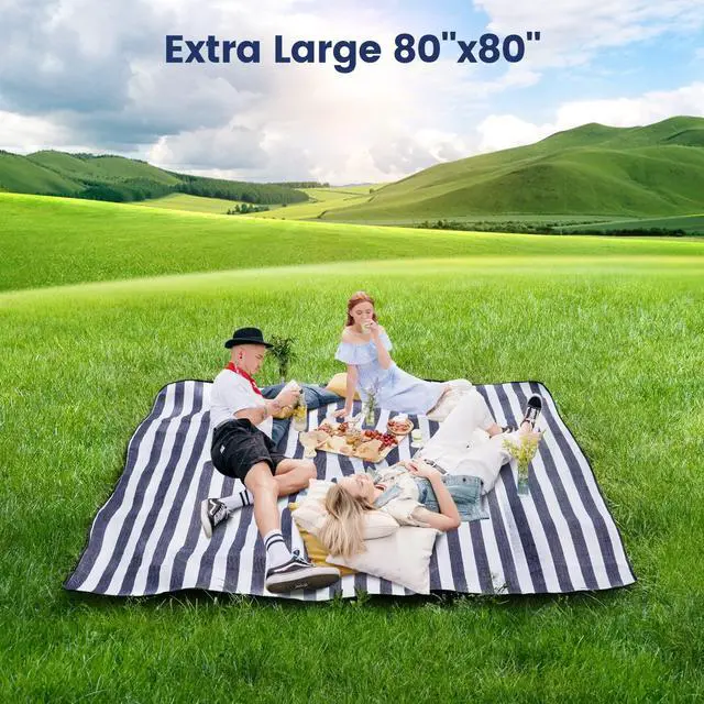 Alt view image 2 of 7 - 80x 80 Picnic Blanket Extra Large, Waterproof and Foldable Beach Blanket, 3-Layer Outdoor Blanket for 6 to 8 Adults, for Camping, Park, Beach, Grass, Indoors