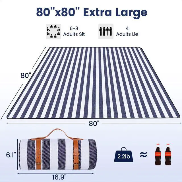 Alt view image 3 of 7 - 80x 80 Picnic Blanket Extra Large, Waterproof and Foldable Beach Blanket, 3-Layer Outdoor Blanket for 6 to 8 Adults, for Camping, Park, Beach, Grass, Indoors