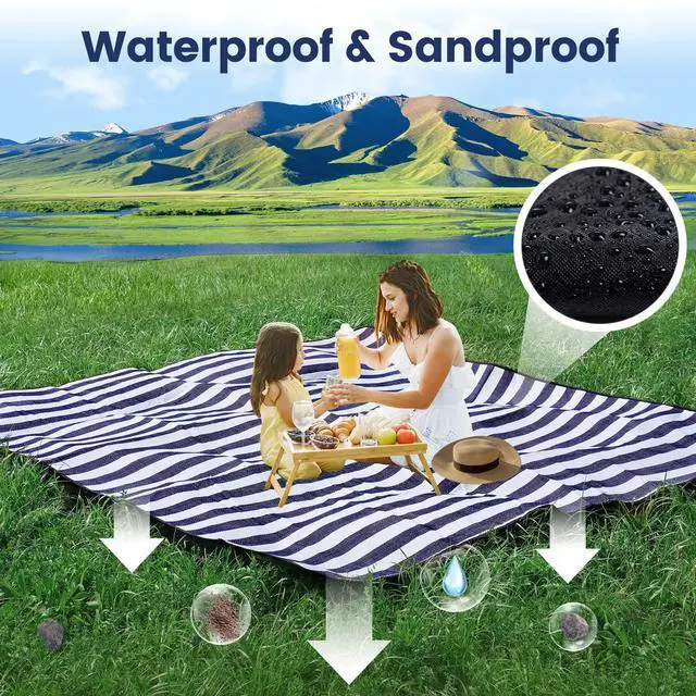 Alt view image 6 of 7 - 80x 80 Picnic Blanket Extra Large, Waterproof and Foldable Beach Blanket, 3-Layer Outdoor Blanket for 6 to 8 Adults, for Camping, Park, Beach, Grass, Indoors