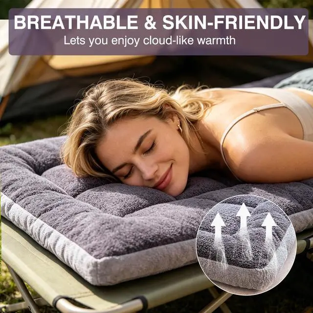 Alt view image 2 of 7 - Thick Camping Sleeping Pad - Soft Lamb Fluff Camping Cot Pads for Adults, Lightweight Foldable Sleeping Mat, Non-Slip Camping Mattress Pad for Travel Backpacking Hiking Car Tent Home Office Nap