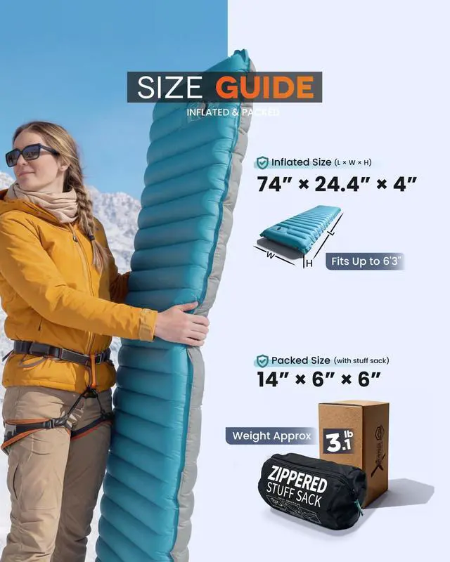 Alt view image 4 of 7 - Inflatable Camping Sleeping Pad, 4-Inch Thick Full Air Support, No Bottoming Out for Side Sleepers, Camping & Backpacking Mattress with Built-in Foot Pump, Durable & Compact Airlive2000