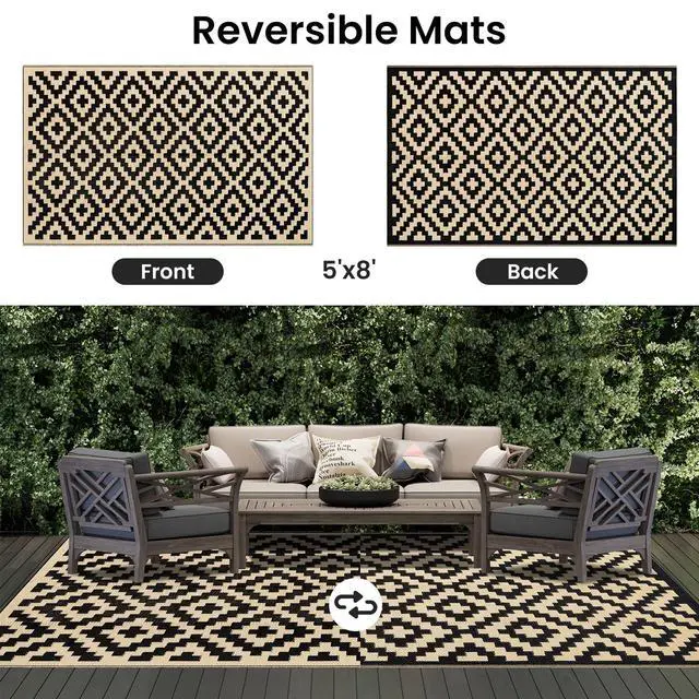 Alt view image 3 of 7 - Waterproof Outdoor Rug 5x8 ft, Reversible Plastic Straw Patio Camping Rugs, Outdoor Indoor RV Mat Carpet for Patio, Outside Entry, Backyard, Deck, Bench, Picnic, Camper, Black & Beige