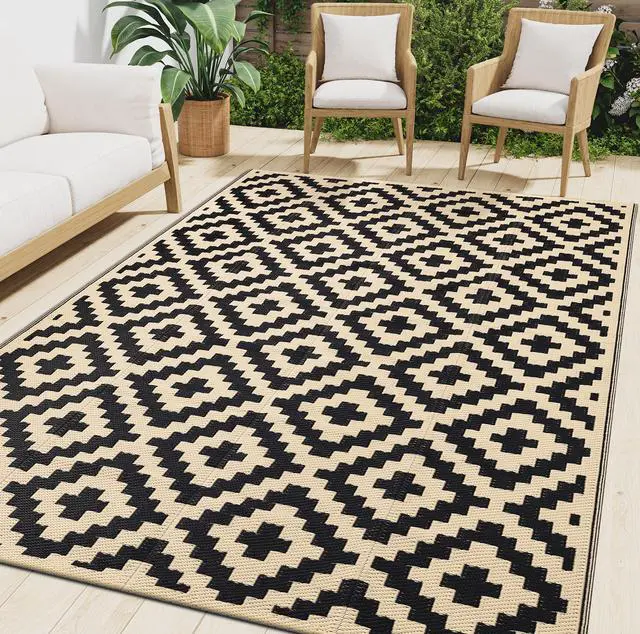 Main image of Waterproof Outdoor Rug 5x8 ft, Reversible Plastic Straw Patio Camping Rugs, Outdoor Indoor RV Mat Carpet for Patio, Outside Entry, Backyard, Deck, Bench, Picnic, Camper, Black & Beige