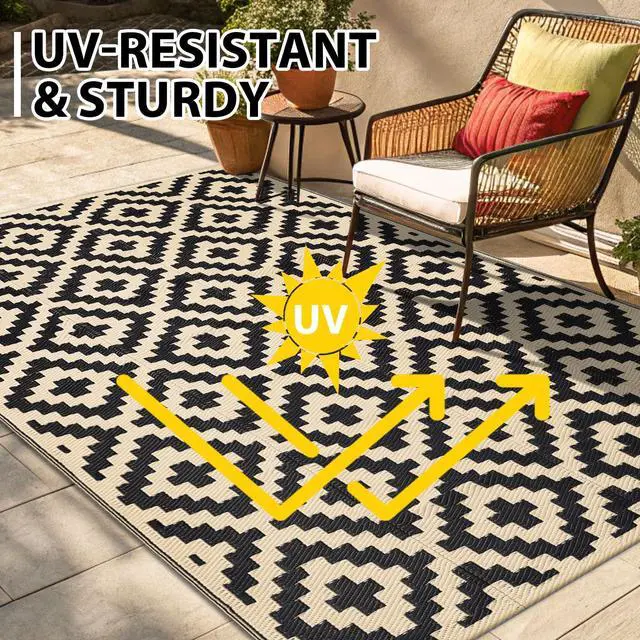 Alt view image 4 of 7 - Waterproof Outdoor Rug 5x8 ft, Reversible Plastic Straw Patio Camping Rugs, Outdoor Indoor RV Mat Carpet for Patio, Outside Entry, Backyard, Deck, Bench, Picnic, Camper, Black & Beige