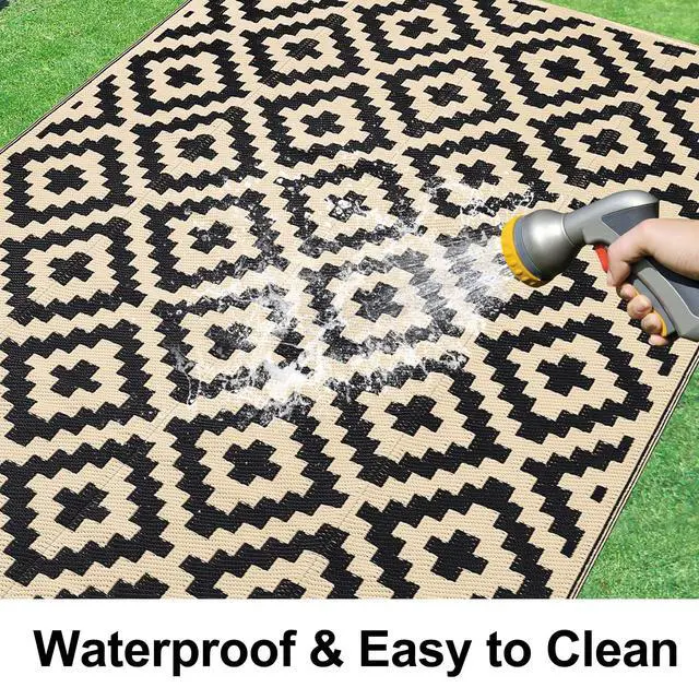 Alt view image 2 of 7 - Waterproof Outdoor Rug 5x8 ft, Reversible Plastic Straw Patio Camping Rugs, Outdoor Indoor RV Mat Carpet for Patio, Outside Entry, Backyard, Deck, Bench, Picnic, Camper, Black & Beige