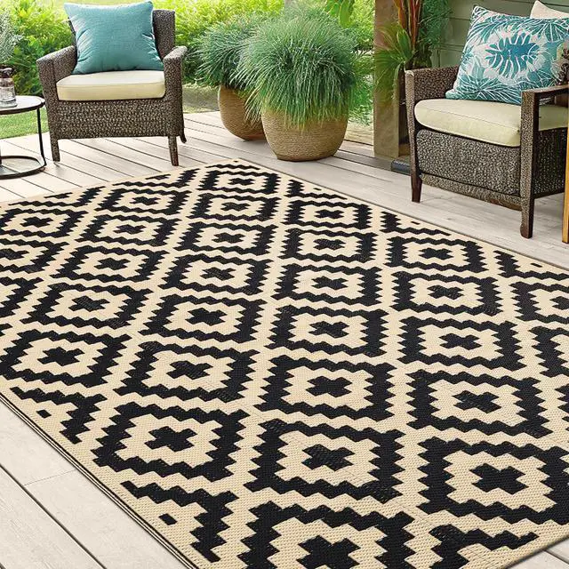 Alt view image 6 of 7 - Waterproof Outdoor Rug 5x8 ft, Reversible Plastic Straw Patio Camping Rugs, Outdoor Indoor RV Mat Carpet for Patio, Outside Entry, Backyard, Deck, Bench, Picnic, Camper, Black & Beige