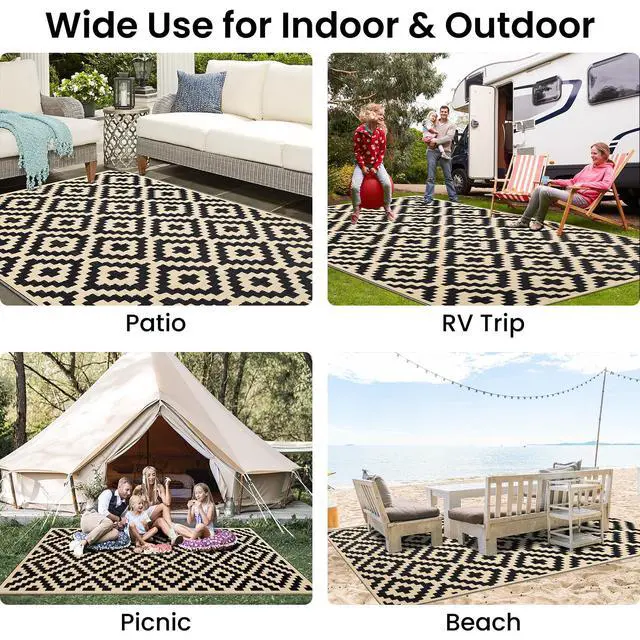 Alt view image 7 of 7 - Waterproof Outdoor Rug 5x8 ft, Reversible Plastic Straw Patio Camping Rugs, Outdoor Indoor RV Mat Carpet for Patio, Outside Entry, Backyard, Deck, Bench, Picnic, Camper, Black & Beige