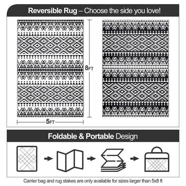 Alt view image 2 of 6 - Waterproof Outdoor Rug 5x8ft, Bohemia Reversible Plastic Straw Mat for Patio RV Deck Porch Backyard Balcony Camping Picnic Beach Indoor Outdoor Carpet, Black&White