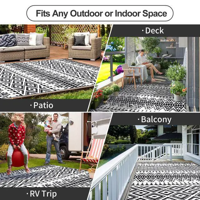 Alt view image 4 of 6 - Waterproof Outdoor Rug 5x8ft, Bohemia Reversible Plastic Straw Mat for Patio RV Deck Porch Backyard Balcony Camping Picnic Beach Indoor Outdoor Carpet, Black&White