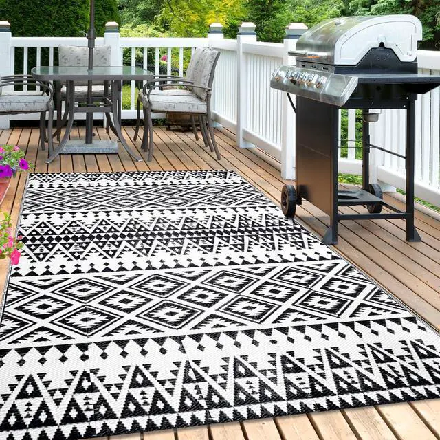 Alt view image 6 of 6 - Waterproof Outdoor Rug 5x8ft, Bohemia Reversible Plastic Straw Mat for Patio RV Deck Porch Backyard Balcony Camping Picnic Beach Indoor Outdoor Carpet, Black&White