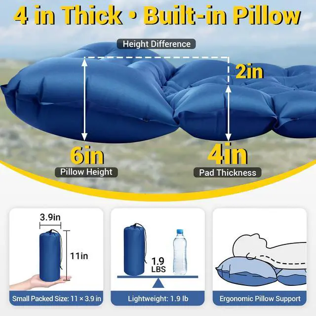 Alt view image 2 of 7 - Sleeping Pad, Backpacking Camping Pad with Built-in Pillow and Foot Pump, 4in Thick Compact Camping mat for Hiking Tent Road Trip Car Camp Travel Gear