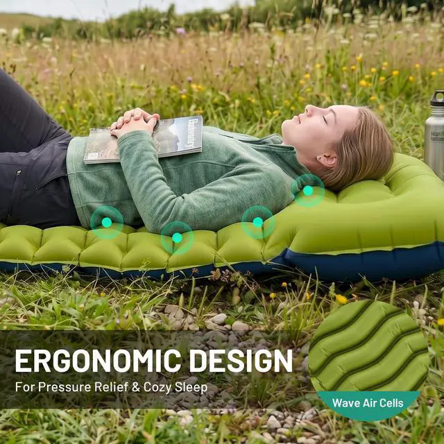 Alt view image 2 of 7 - Inflatable Sleeping Pad for Camping - 4.7" Extra Thick Inflating Camping Mattress with Pillow Built-in Foot Pump - Compact Portable Sleeping Mat for Backpacking Hiking Traveling Tent Beach