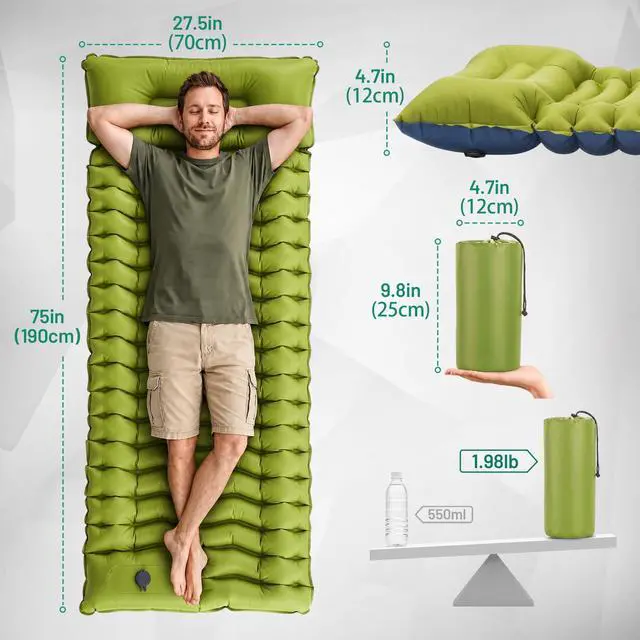 Alt view image 4 of 7 - Inflatable Sleeping Pad for Camping - 4.7" Extra Thick Inflating Camping Mattress with Pillow Built-in Foot Pump - Compact Portable Sleeping Mat for Backpacking Hiking Traveling Tent Beach