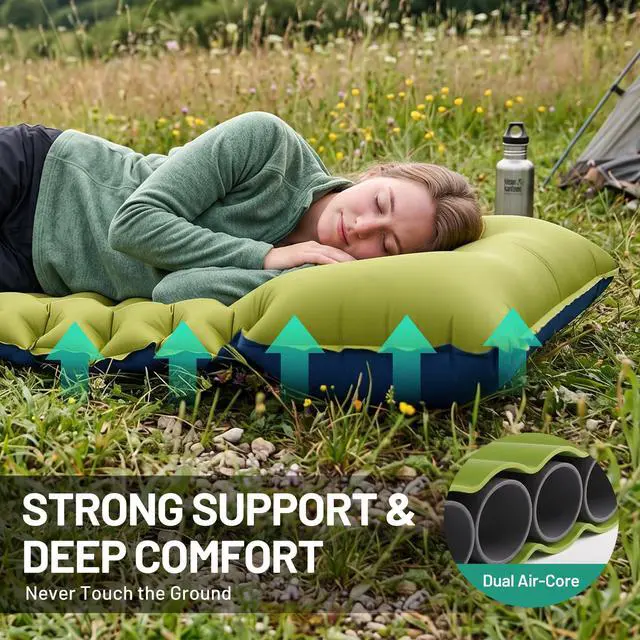 Alt view image 5 of 7 - Inflatable Sleeping Pad for Camping - 4.7" Extra Thick Inflating Camping Mattress with Pillow Built-in Foot Pump - Compact Portable Sleeping Mat for Backpacking Hiking Traveling Tent Beach
