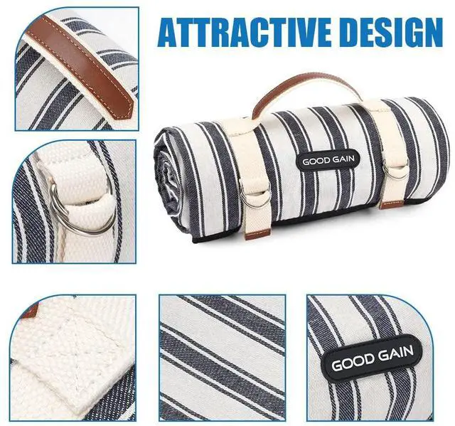 Alt view image 3 of 7 - Waterproof Picnic Blanket Portable with Carry Strap for Beach Mat or Family Outdoor Camping Party (Berry Blue)