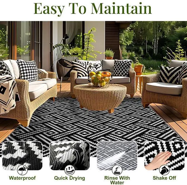 Alt view image 3 of 7 - Outdoor Rug 5x7 Ft, Waterproof Outdoor Plastic Straw Rug for Patio, Reversible Out Door Carpet for Camping, Deck, Rv, 5 x 7 Area Carpet for Balcony, Porch, Backyard, Black and White