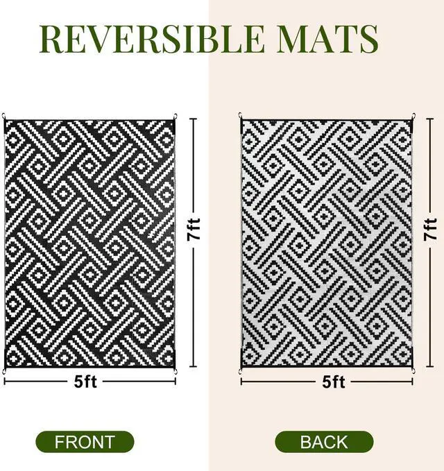 Alt view image 6 of 7 - Outdoor Rug 5x7 Ft, Waterproof Outdoor Plastic Straw Rug for Patio, Reversible Out Door Carpet for Camping, Deck, Rv, 5 x 7 Area Carpet for Balcony, Porch, Backyard, Black and White
