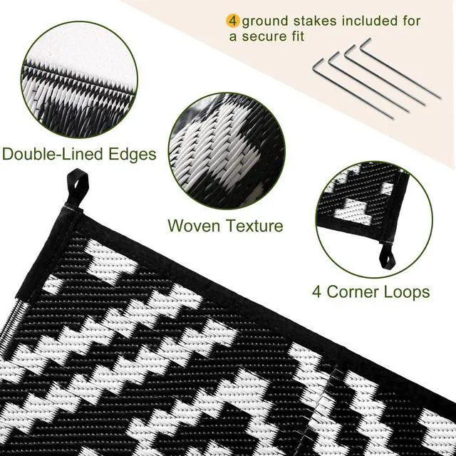 Alt view image 5 of 7 - Outdoor Rug 5x7 Ft, Waterproof Outdoor Plastic Straw Rug for Patio, Reversible Out Door Carpet for Camping, Deck, Rv, 5 x 7 Area Carpet for Balcony, Porch, Backyard, Black and White