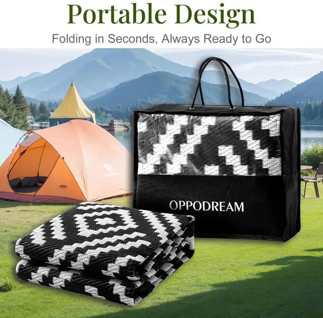 Alt view image 4 of 7 - Outdoor Rug 5x7 Ft, Waterproof Outdoor Plastic Straw Rug for Patio, Reversible Out Door Carpet for Camping, Deck, Rv, 5 x 7 Area Carpet for Balcony, Porch, Backyard, Black and White