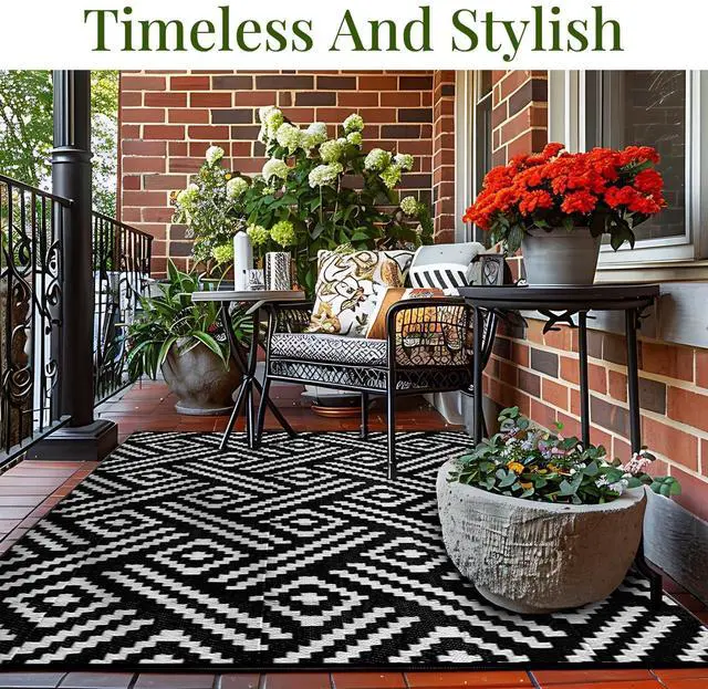 Alt view image 7 of 7 - Outdoor Rug 5x7 Ft, Waterproof Outdoor Plastic Straw Rug for Patio, Reversible Out Door Carpet for Camping, Deck, Rv, 5 x 7 Area Carpet for Balcony, Porch, Backyard, Black and White