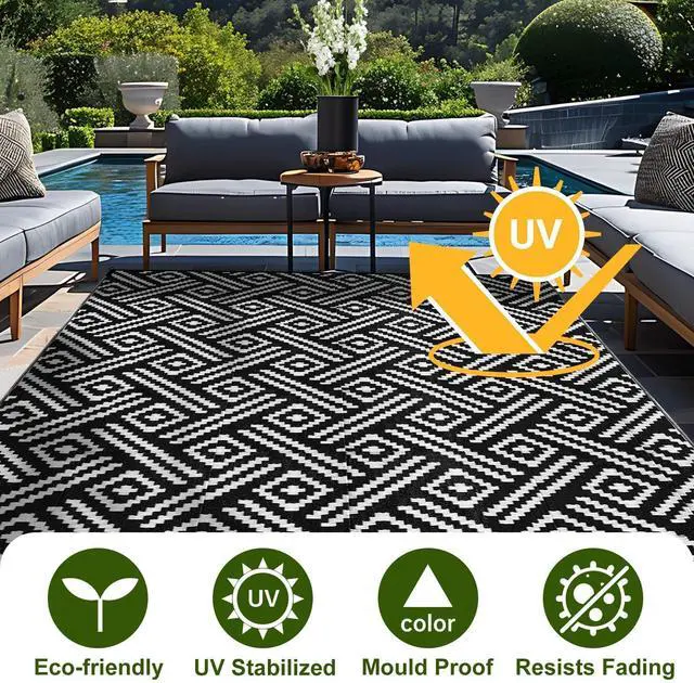 Alt view image 2 of 7 - Outdoor Rug 5x7 Ft, Waterproof Outdoor Plastic Straw Rug for Patio, Reversible Out Door Carpet for Camping, Deck, Rv, 5 x 7 Area Carpet for Balcony, Porch, Backyard, Black and White