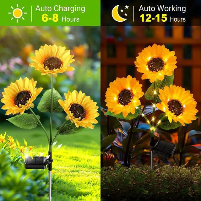 Alt view image 5 of 7 - Solar Lights Outdoor Garden Decor - Upgraded 3 Pack Solar Garden Lights with 9 Bigger Sunflower Lights, Solar Flowers Outdoor Waterproof for Flower Bed Yard Decor, Gift for Women Mom Grandma