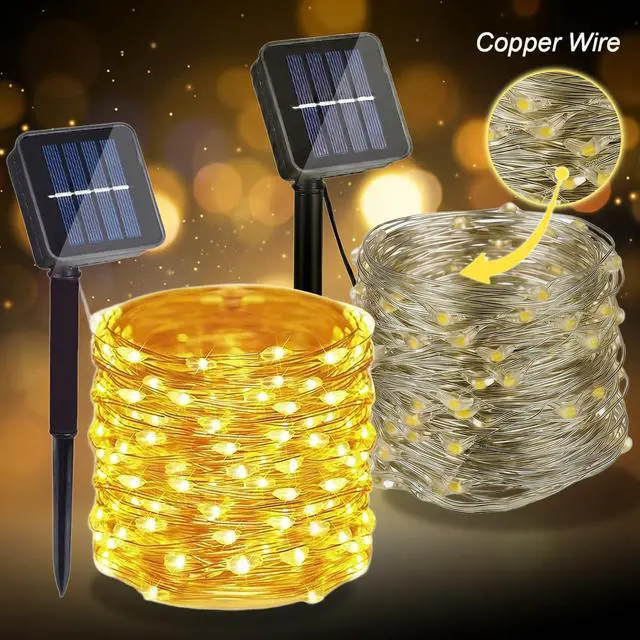 Alt view image 7 of 7 - 2 Pack Total 200 LED 66FT Solar Powered Copper Wire String Lights Outdoor, Waterproof, 8 Modes Fairy Lights for Garden, Patio, Party, Yard, Christmas (Warm White)
