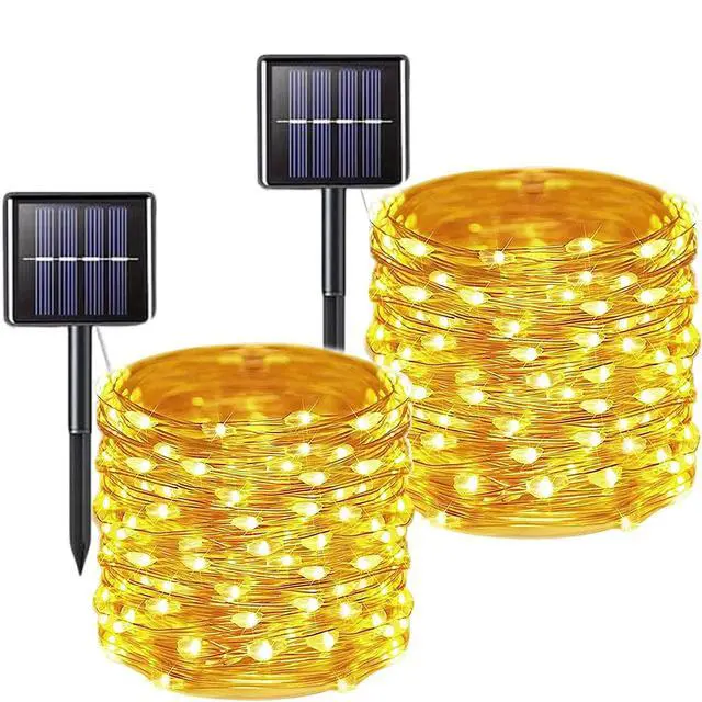 Main image of 2 Pack Total 200 LED 66FT Solar Powered Copper Wire String Lights Outdoor, Waterproof, 8 Modes Fairy Lights for Garden, Patio, Party, Yard, Christmas (Warm White)