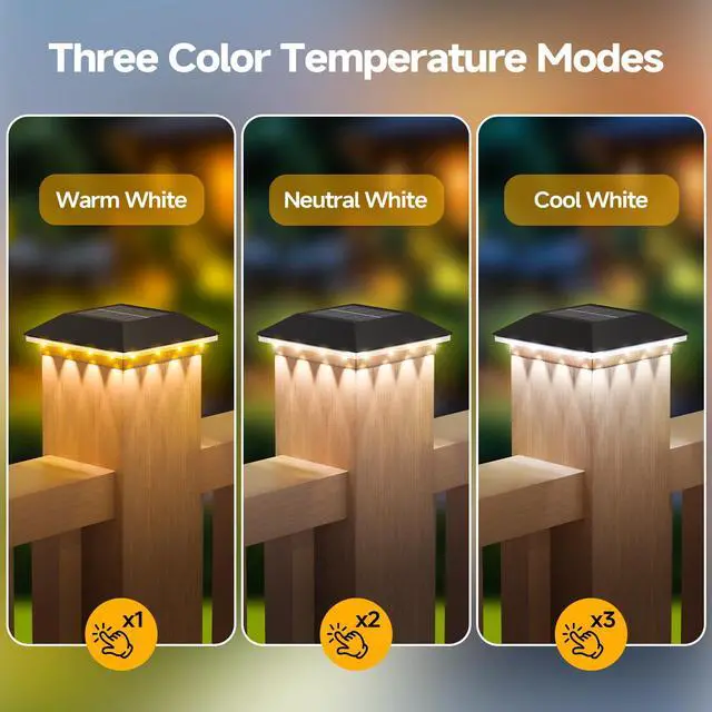 Alt view image 2 of 7 - 4 Pack Solar Post Cap Lights Outdoor - 3 Lighting Modes Waterproof LED Solar Post Lights Fit 3.5×3.5 Wood/4×4 Vinyl Fence Deck Posts, Black