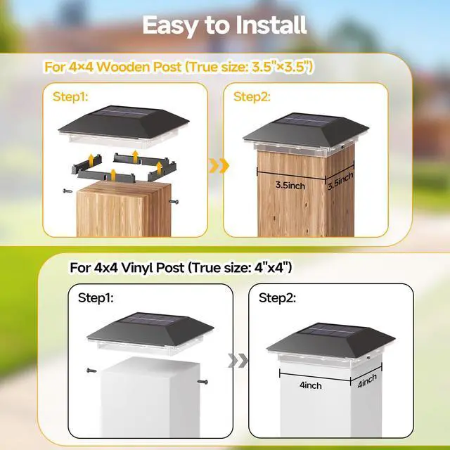 Alt view image 4 of 7 - 4 Pack Solar Post Cap Lights Outdoor - 3 Lighting Modes Waterproof LED Solar Post Lights Fit 3.5×3.5 Wood/4×4 Vinyl Fence Deck Posts, Black
