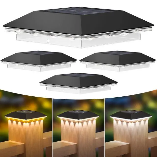 Main image of 4 Pack Solar Post Cap Lights Outdoor - 3 Lighting Modes Waterproof LED Solar Post Lights Fit 3.5×3.5 Wood/4×4 Vinyl Fence Deck Posts, Black