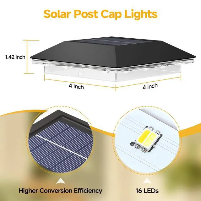 Alt view image 6 of 7 - 4 Pack Solar Post Cap Lights Outdoor - 3 Lighting Modes Waterproof LED Solar Post Lights Fit 3.5×3.5 Wood/4×4 Vinyl Fence Deck Posts, Black