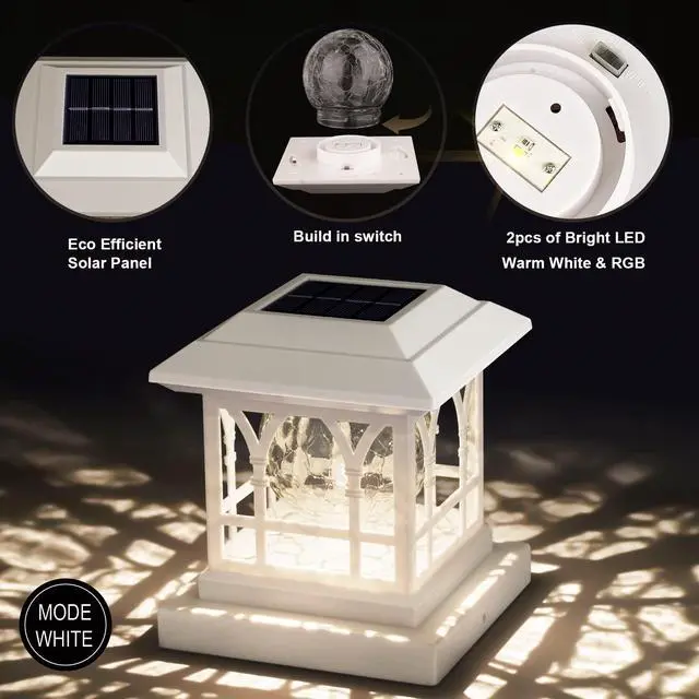 Alt view image 2 of 7 - Solar Post Cap Lights, Warm White & RGB Automatic Cycling, Cracked Glass Bulb, 20 Lumens lP65 Waterproof Fit 3.6x3.6 4x4 4.5x4.5 5x5 Wood Fence Post Solar Powered Lights White (1 Pack)