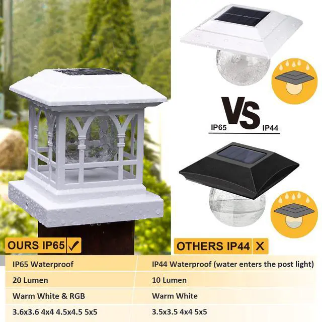 Alt view image 5 of 7 - Solar Post Cap Lights, Warm White & RGB Automatic Cycling, Cracked Glass Bulb, 20 Lumens lP65 Waterproof Fit 3.6x3.6 4x4 4.5x4.5 5x5 Wood Fence Post Solar Powered Lights White (1 Pack)