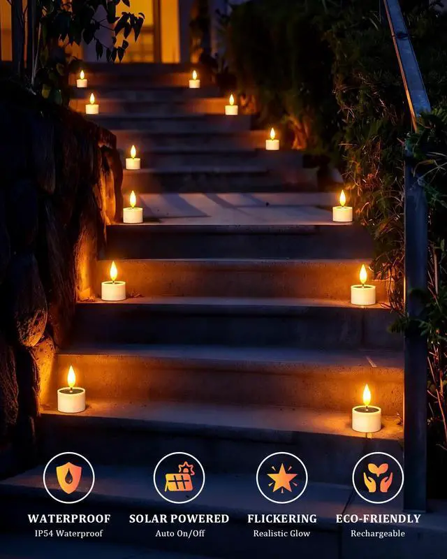 Alt view image 5 of 7 - Solar Tea Lights Outdoor Waterproof, 12 pcs 1.5" D x 2.1" Reusable Dusk to Dawn Flickering Small LED Tealight Candles, Flameless Votive Candle for Lanterns Patio Garden Camping Décor