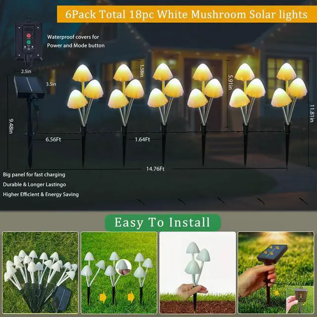 Alt view image 5 of 7 - Solar Mushroom Lights for Outside, 6Pack 18 LED Mushrooms with 8 Lighting Modes, Unique Mushroom Garden Decor Gifts, Cute Mushroom Solar Lights Outdoor Garden for Path,Landscape,Yard,Patio,Lawn Decor