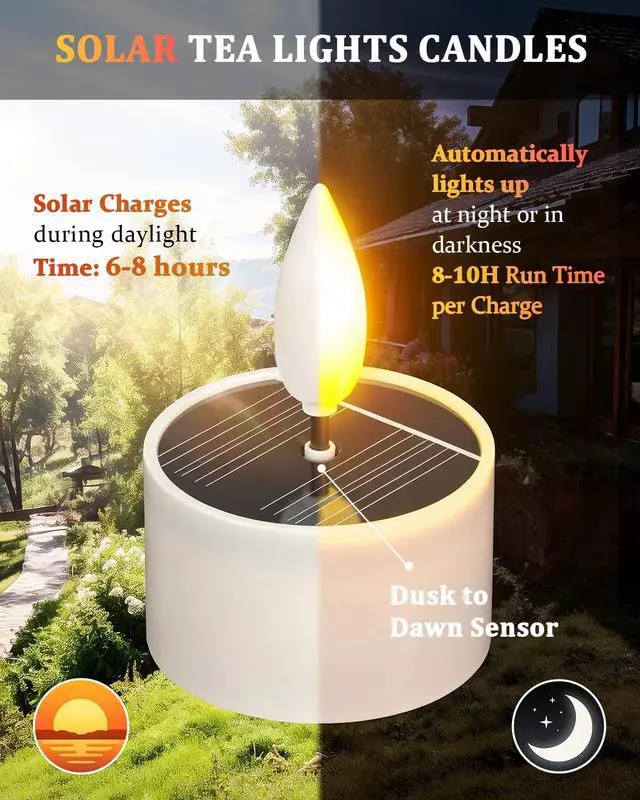 Alt view image 3 of 7 - Solar Tea Lights Outdoor Waterproof, 12 pcs 1.5" D x 2.1" Reusable Dusk to Dawn Flickering Small LED Tealight Candles, Flameless Votive Candle for Lanterns Patio Garden Camping Décor