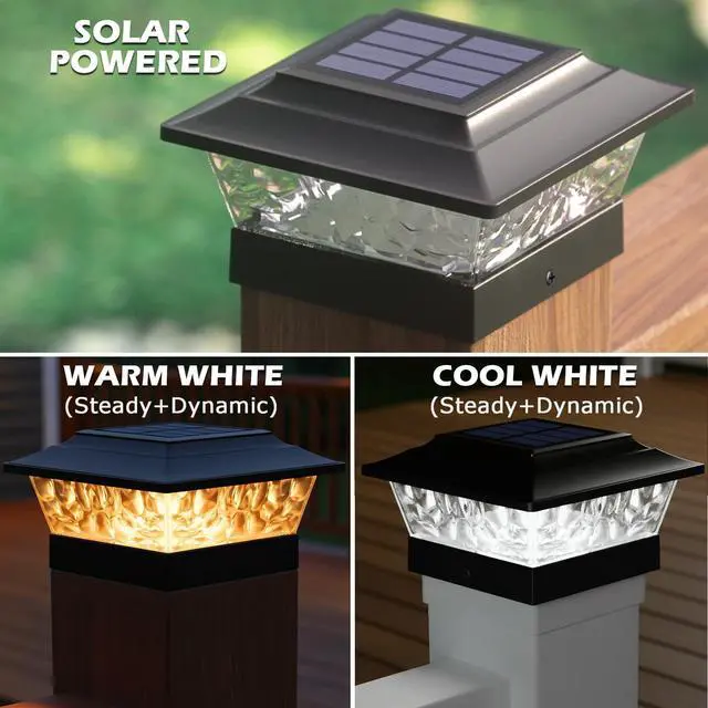 Alt view image 3 of 6 - Solar Post Lights Outdoor 12 LEDs 4 Modes Post Cap Light for 4x4 5x5 6x6 Wooden Vinyl Deck Fence Posts Garden Patio Decor, Warm/Cool White Dynamic Lighting (1 Pack, Black)