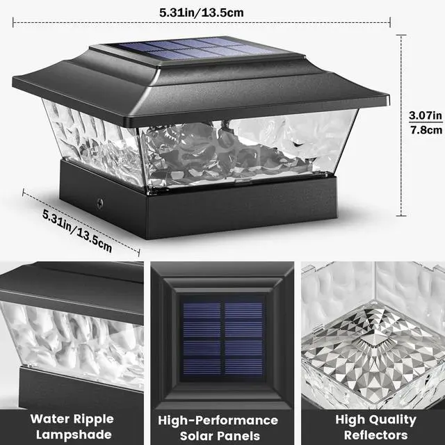 Alt view image 2 of 6 - Solar Post Lights Outdoor 12 LEDs 4 Modes Post Cap Light for 4x4 5x5 6x6 Wooden Vinyl Deck Fence Posts Garden Patio Decor, Warm/Cool White Dynamic Lighting (1 Pack, Black)