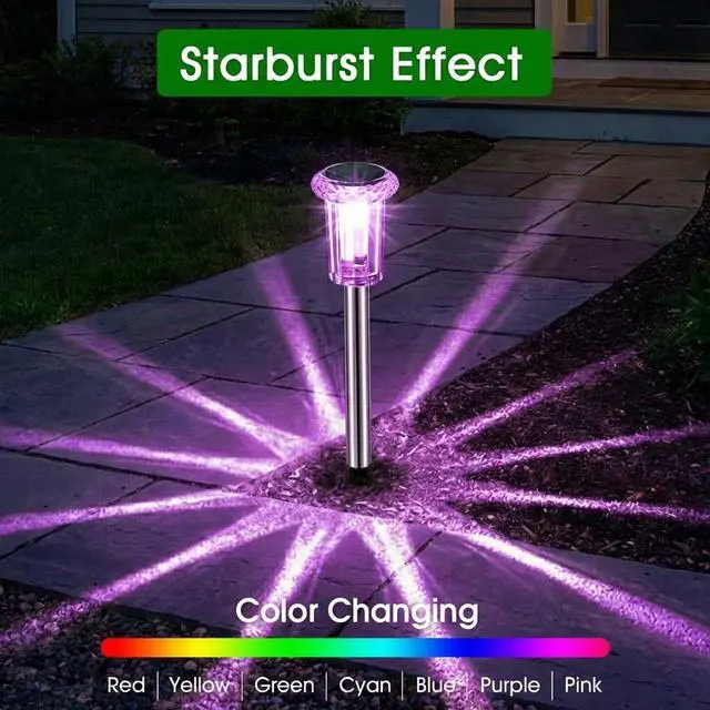 Alt view image 2 of 7 - Solar Outdoor Lights, 10 Pack Solar Pathway Lights Outdoor Waterproof, Stainless Steel Stake Lighting for Garden Yard Path Walkway Driveway Patio Lawn Outside Decor,Color Changing