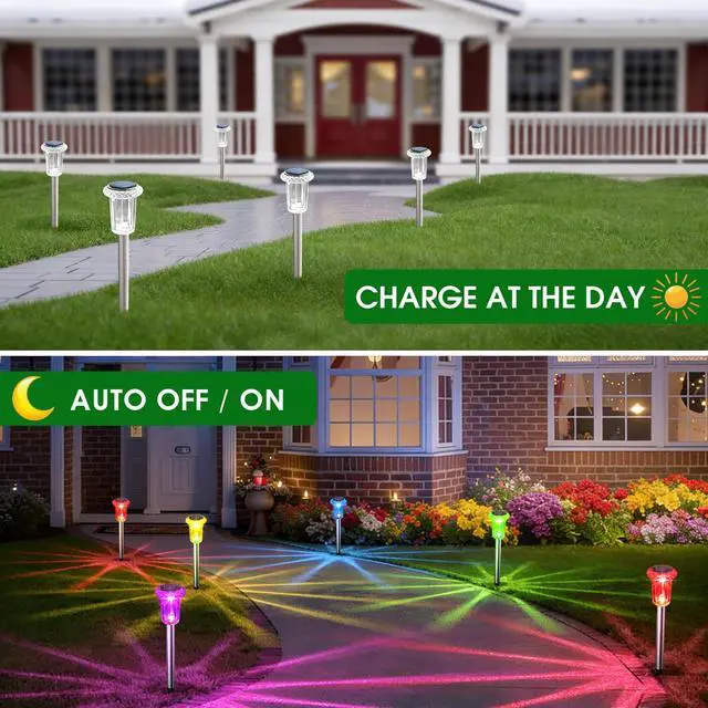 Alt view image 7 of 7 - Solar Outdoor Lights, 10 Pack Solar Pathway Lights Outdoor Waterproof, Stainless Steel Stake Lighting for Garden Yard Path Walkway Driveway Patio Lawn Outside Decor,Color Changing