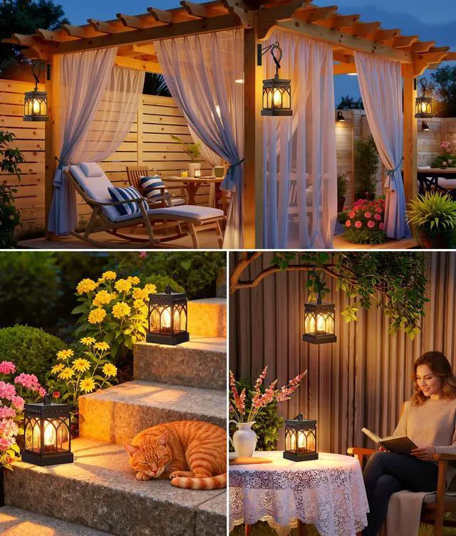 Alt view image 3 of 7 - 4 Pack Solar Lanterns Outdoor Waterproof, Brighter Hanging Solar Lantern Lights for Outside, Auto ON/Off Lanterns Decorative Outdoor for Garden Table Yard Path Tree Patio Lawn Decor, Gifts