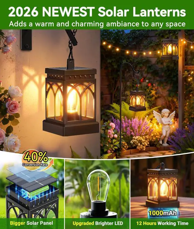 Alt view image 4 of 7 - 4 Pack Solar Lanterns Outdoor Waterproof, Brighter Hanging Solar Lantern Lights for Outside, Auto ON/Off Lanterns Decorative Outdoor for Garden Table Yard Path Tree Patio Lawn Decor, Gifts