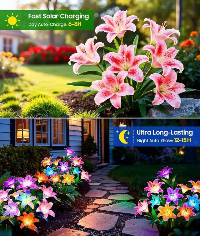 Alt view image 3 of 7 - Solar Garden Lights, 4 Pack Solar Flower Lights with 6 Head Bigger Lily Lights, IP65 Waterproof Solar Lights Outdoor, Decorative Lights for Garden, Patio, Yard, Flower Bed