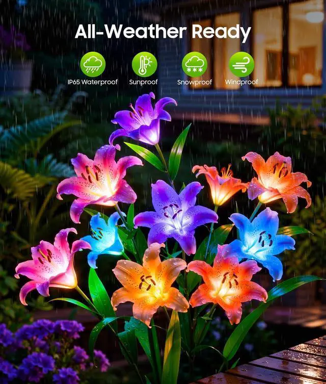 Alt view image 4 of 7 - Solar Garden Lights, 4 Pack Solar Flower Lights with 6 Head Bigger Lily Lights, IP65 Waterproof Solar Lights Outdoor, Decorative Lights for Garden, Patio, Yard, Flower Bed