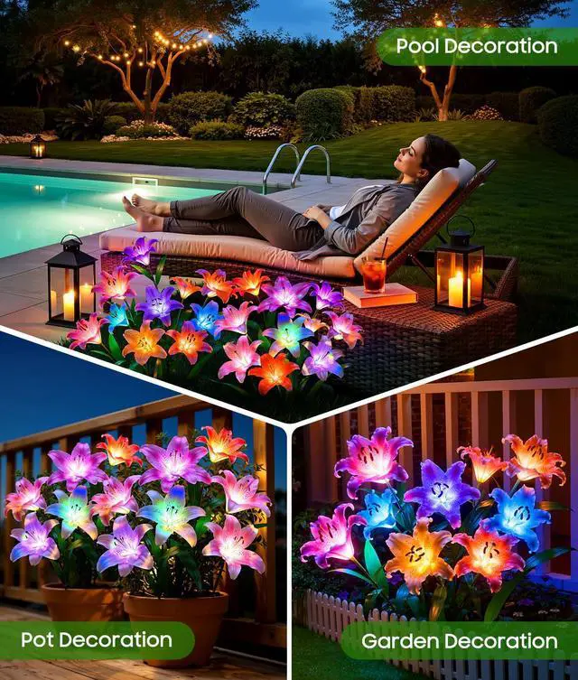 Alt view image 7 of 7 - Solar Garden Lights, 4 Pack Solar Flower Lights with 6 Head Bigger Lily Lights, IP65 Waterproof Solar Lights Outdoor, Decorative Lights for Garden, Patio, Yard, Flower Bed