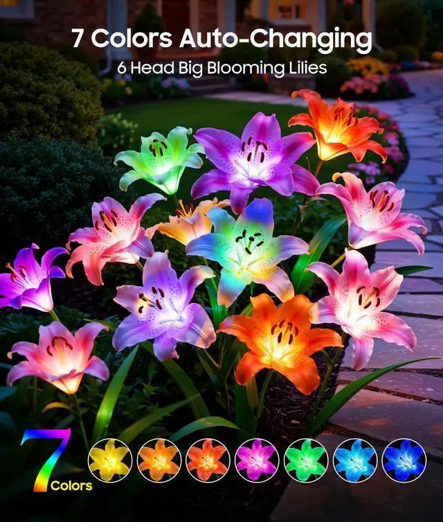 Alt view image 2 of 7 - Solar Garden Lights, 4 Pack Solar Flower Lights with 6 Head Bigger Lily Lights, IP65 Waterproof Solar Lights Outdoor, Decorative Lights for Garden, Patio, Yard, Flower Bed
