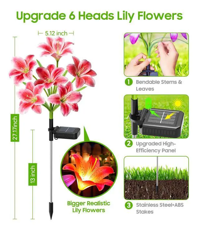 Alt view image 6 of 7 - Solar Garden Lights, 4 Pack Solar Flower Lights with 6 Head Bigger Lily Lights, IP65 Waterproof Solar Lights Outdoor, Decorative Lights for Garden, Patio, Yard, Flower Bed